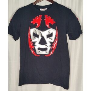 Mexican Luchador Mask Tee Wrestling Patent Leather Tie Back Fighter T-shirt M